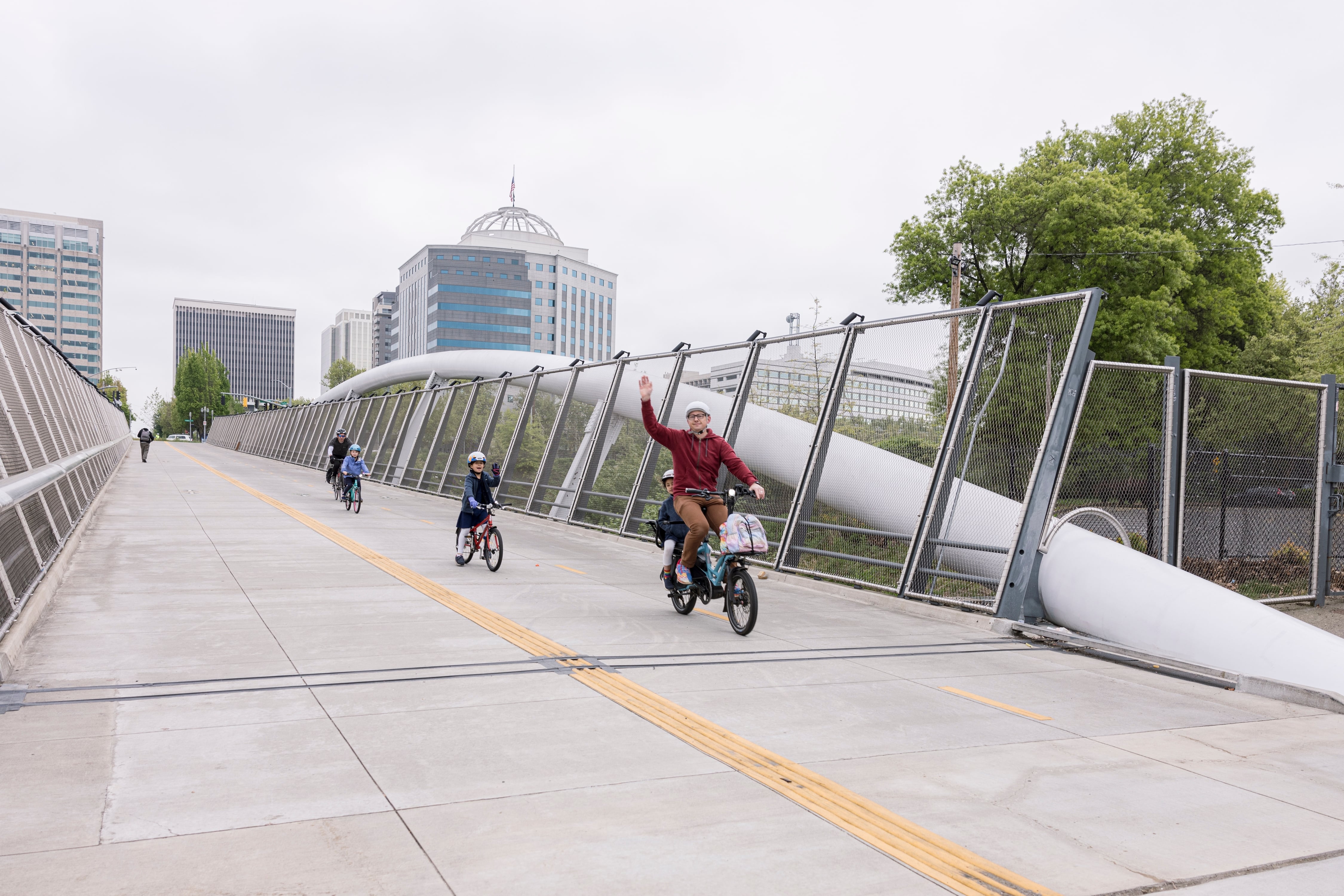The Blumenauer Bridge is a car-free crossing over the freeway for pedestrians, bike commuters, and kids on their ride to school.