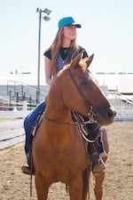 Morgan Young and her horse Lena at the Benton County Fairgrounds between training sessions for the Benton County Larry Bell Memorial All Girls Rodeo on Tuesday, July 14, 2026.
