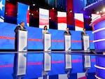 Republican presidential candidates from left, former New Jersey Gov. Chris Christie, former U.N. Ambassador Nikki Haley, Florida Gov. Ron DeSantis, and businessman Vivek Ramaswamy during a Republican presidential primary debate hosted by NewsNation on Wednesday at the University of Alabama in Tuscaloosa, Ala. (AP Photo/Gerald Herbert)