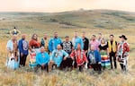 Drummers and singers with the award-winning group Northern Cree. Back row, left to right: Randall Paskemin, John Boy Moosimin, Penny McGilvery, Marvin Deschamps, Marlon Deschamps, Steve Wood, Jordan Fiddler, Marcus Denny, Dezi Chocan, Jayzer Littlewolfe, Shaina McGilvery, Emerson Samson, Jamon Paskemin. Front row, left to right: Jonas Tootoosis, Joel Wood, Leroy Whitstone, Kyle Pasquayak. All members of the Northern Cree are from the Néhiyaw (Cree) tribe, except Marcus Denny, who is Menominee.