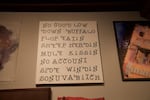 Artist Donald Morgan's work at the Disjecta Salon show plays with text and sytnax.