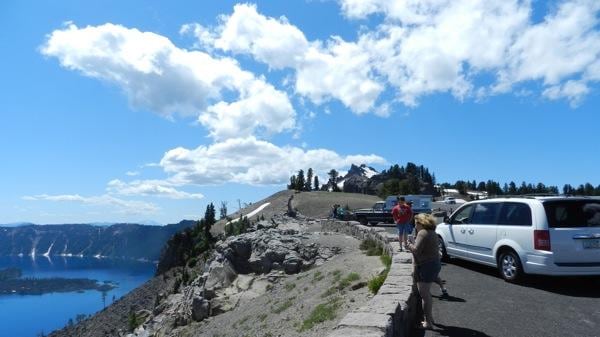 A road circles the rim around crater lake. Cars and motercyles are a major source of human-caused noise immediately around the lake, but their noise doesn't travel far.