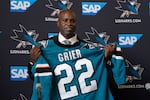 Mike Grier is introduced as the new general manager of the San Jose Sharks at a news conference in San Jose, Calif., on Tuesday.
