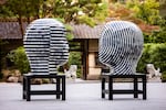 This photo shows one of Jun Kaneko's larger-than-life untitled artworks on display at the Portland Japanese Garden.