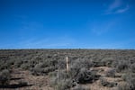 A wooden stake marks the Jindalee Resources mining claim amid a sea of sagebrush in the McDermitt Caldera on the Oregon-Nevada border Friday, April 1, 2022. The caldera is labeled by the federal government as the best of the best remaining sage grouse habitat.