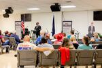 Carter Chain, a Regional Director for Election integrity for the Trump campaign speaks at an America First Republicans meeting encouraging people to be poll watchers in larger cities in Michigan on Election Day on Oct. 3, 2024 in Hillsdale, Mich.