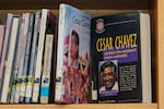 Books about Cesar Chavez are seen on a library shelf at San Lorenzo High School Wednesday, March 18, 2026, in San Lorenzo, Calif.