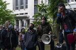 Lillith Sinclair speaks about police abolition and a number of other demands at a rally attended by Mayor Ted Wheeler in front of the Justice Center on June 5, 2020. Wheeler said Friday afternoon he plans to order a 30-day ban on tear gas after the city came under criticism for using the the controversial method of crowd conrtrol.