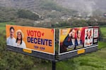 Aerial view of billboards inviting Colombians to vote for presidential canditate Abelardo de la Espriella, (R), and for Ivan Cepdepa,  in the upcoming presidential election in Cali, Colombia, on June 17, 2026.