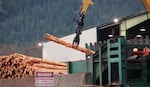 Loading logs onto the line at a lumber mill in Glendale, Oregon.