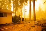 FILE - Chelsea DeVos scrambles to salvage possessions from her home as the Santiam Fire approaches near Gates, Ore., Sept. 9, 2020. Wildfires turned skies orange and burned thousands of Oregon homes that year.