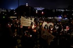 Protesters , in front of the Knesset, Israel's parliament, hold torches during a march demanding the release of hostages held by Hamas in the Gaza Strip on Feb. 19 in Jerusalem, Israel.