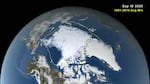 A map compares Arctic sea ice at its 2025 minimum with the average minimum extent from 1981 to 2010, shown by the yellow line.