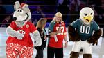 Donna Kelce (C), mother of  Philadelphia Eagles' Jason Kelce  and Kansas City Chiefs' Travis Kelce speaks on stage during Super Bowl LVII Opening Night on February 06, 2023 in Phoenix, Arizona.
