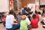 Alder Elementary School teacher Katie Metko follows up a game of "Simon Says" by reading a fable to her kindergarten class.