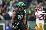 FILE - Oregon tight end Kenyon Sadiq (18) celebrates after his touchdown during the second half of an NCAA college football game against Southern California, Saturday, Nov. 22, 2025, in Eugene, Ore. (AP Photo/Lydia Ely)