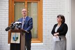 Portland Mayor Ted Wheeler and Commissioner Chloe Eudaly at a press conference unveiling a phone app meant to streamline the house hunting process for renters in Portland.