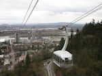 The Portland Aerial Tram car nears the upper station.