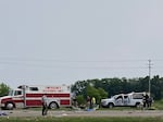 This photo shows the scene of a major collision that has closed a section of the Trans-Canada Highway near Carberry, Manitoba on Thursday June 15, 2023.