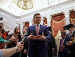 Speaker of the House Mike Johnson speaks with reporters in Statuary Hall after meeting with Reps. Marjorie Taylor Greene and Thomas Massie on May 6.