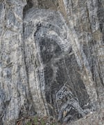 A close-up look at a stretched rock resulting from the high-heat, high-impact collision of the Wallowa Terrane island arc with the North American tectonic plate some 130 million years ago.