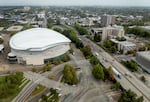 Aerial views of the area surrounding the Moda Center, in Portland, Oregon, on September 4, 2025. Brooke Herbert/OPB