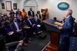 Anthony Fauci addresses reporters at White House press conference.