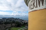 Astoria, Ore., is seen from the top of the 125-foot-tall Astoria Column in on Feb. 12, 2026.