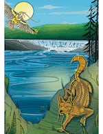 An illustration of the Indigenous creation story for Willamette Falls, which says Meadowlark and Coyote create the falls by stretching a cedar rope across the Willamette River, by Grand Ronde tribal member Steph Littlebird.