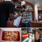 Top: Kenneth Pierson (right), a community health educator, hands a plastic bag to a client that includes clean needles, tourniquets, a harm reduction kit and a fentanyl strip test. Bottom left: The van can collect up to 7,000 needles a day. The used syringes go into biohazard containers to get destroyed. Bottom right: Pierson packs a kit.