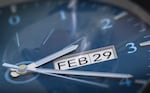 A clock showing February 29, also known as leap day. They only happen about once every four years.