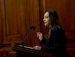 Rep. Monica De La Cruz, R-Texas, speaks to reporters during a news conference at the U.S. Capitol in 2023.