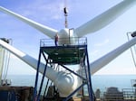 The first nacelles onboard a sea energy "jack-up ship," ready for lifting into place on the Kentish Flats Offshore Wind Farm, off Whitstable, Kent, England.