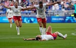 United States' Sophia Smith celebrates with team mates the opening goal during a women's semifinal soccer match between the United States and Germany at the 2024 Summer Olympics, Tuesday, Aug. 6, 2024, at Lyon Stadium in Decines, France.