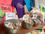 A shelf at a candy store hold three buckets with pieces of wrapped taffy, each with a sign for their flavor. From left to right: molasses, molasses mint and hazelnut. A stuffed unicorn toy sits on the shelf next to the candy and a clothes line of T-shirts for sale hand behind the candy.