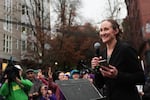 Seattle mayor-elect Katie Wilson speaks to Starbucks employees and supporters as they gather to strike in front of the former Starbucks Reserve Roastery that closed earlier in the year, Thursday, Nov. 13, 2025, in Seattle.