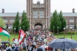 Pro-Palestinian demonstrators march through Brookings Hall on Saturday, April 27, 2024 at Washington University.