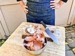 To reduce waste, freeze the sliced-off onion ends in a zip-top bag and use to make vegetable stock. Skins from five medium-sized onions will make plenty of powder and you can use the peeled onion chunks in other dishes.