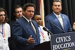 Florida Gov. Ron DeSantis speaks at a news conference at Crooms Academy of Information Technology in Sanford to discuss Florida's civics education initiative of unbiased history teachings.