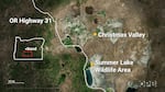 Satellite imagery shows the Fort Rock Basin in Lake County's Eastern Oregon. 2022 Microsoft Corporation, Earthstar Geographics SIO / OPB