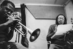 Keyon Harrold rehearses accompanied by a Quincy Troupe poem in Brooklyn, NY, 2016. They would go on to record minutes later. Quincy Troupe is an American poet, journalist, professor, and Miles Davis biographer.