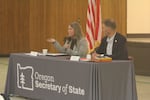 Coos County Clerk Julie Breck, left, joined by Oregon Secretary of State Tobias Read at a town hall event in North Bend on Thursday.