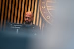 Portland City Council President Jamie Dunphy of District 1 looks to his computer monitor.