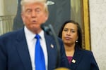 District of Columbia Mayor Muriel Bowser listens as President Donald Trump speaks during an event to announce that the 2027 NFL Draft will be held on the National Mall, in the Oval Office of the White House, Monday, May 5, 2025, in Washington.