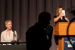 University of Oregon’s School of Journalism and Communication Dean Regina Lawrence, left, and KVAL’s Kendall Bartley prepare for the gubernatorial debate in Eugene, Ore., at the University of Oregon on Oct. 1, 2026.