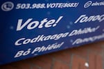 The word “vote” is written in various languages on a Multnomah County ballot drop box in Pioneer Courthouse Square in downtown Portland, Ore., on May 15, 2026.
