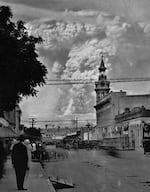 This image dated in 1915 shows the eruption of Mount Lassen as seen from Red Bluff, Calif.
