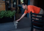 Steve “Squrl” Curley pets Huxley in front of the Tarwater Tavern.