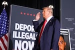 Republican presidential nominee former President Donald Trump salutes in Aurora, Colo. 