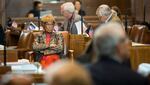 State Sen. Jackie Winters, R-Salem, listens on the Senate floor at the Capitol in Salem, Ore., Tuesday, April 2, 2019.